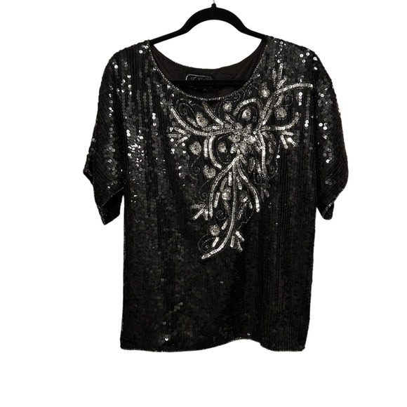 Women's Vintage J.L.B. Black & Sliver Sequin Top w/ 100% Silk Lining Size M. - Picture 5 of 6